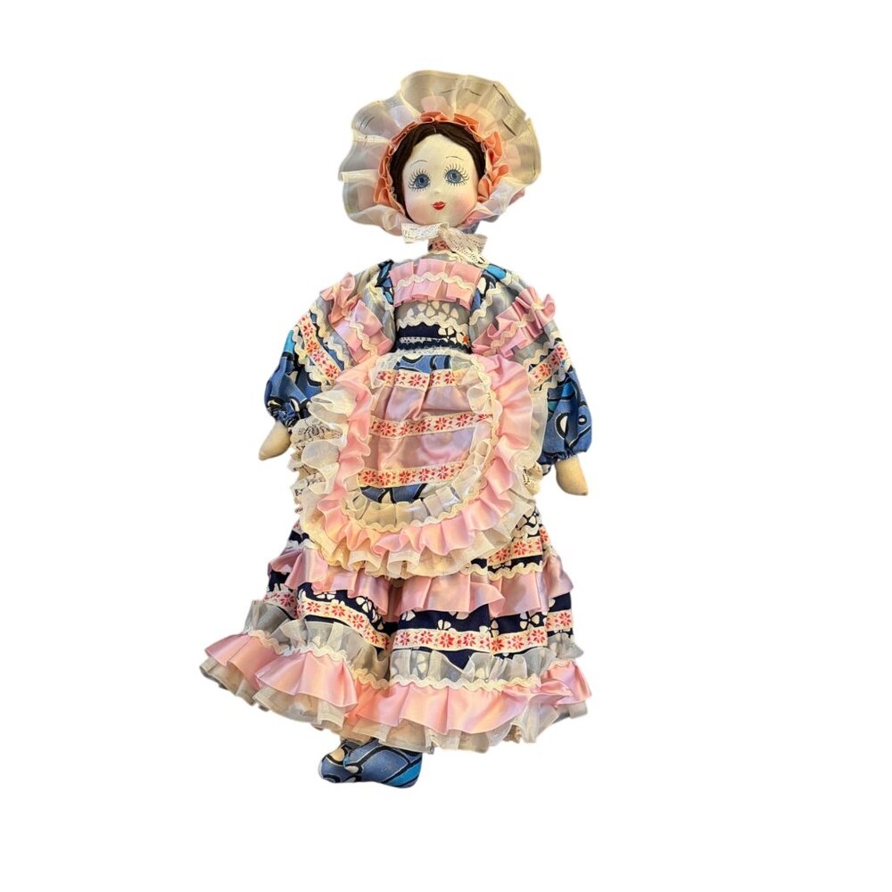 Vintage Handmade Rag Doll With Pink & Blue Ruffled Dress And Bonnet 23”